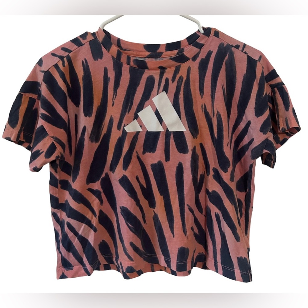 adidas Logo Allover Print Cropped Tee Kids', Red, Size Medium
